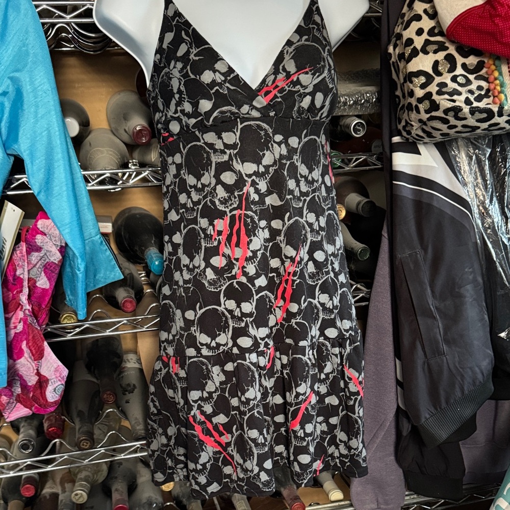 Black Skull Print Slip Dress with Red Accent